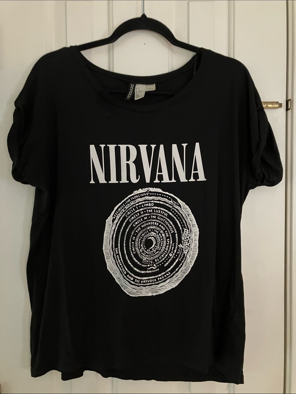 NIRVANA Black Tee with White Circular Graphic Oversized Medium